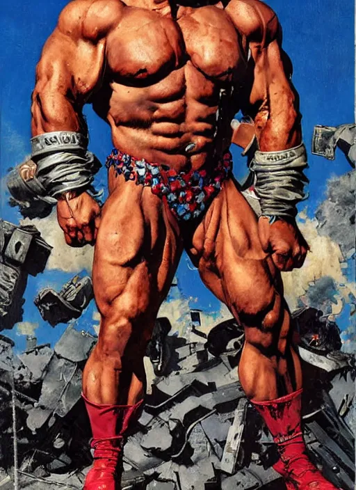 Prompt: full body and head portrait of huge rich piana in tattered superhero costume, dynamic action, painted by norman rockwell and phil hale and greg staples and tom lovell and frank schoonover and jack kirby