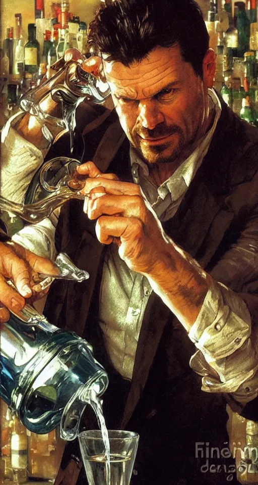 Image similar to close up of max payne pouring a drink, sun shining, photo realistic illustration by greg rutkowski, thomas kindkade, alphonse mucha, loish, norman rockwell.