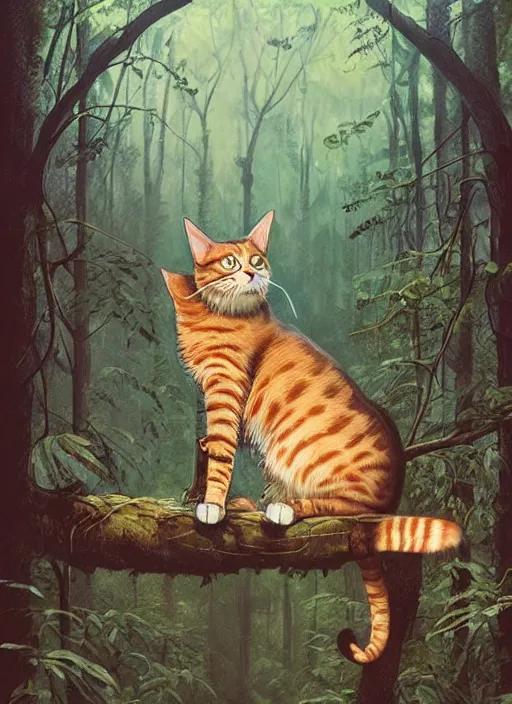 Prompt: a hyper realistic illustrated cat with happy lighting and technology jewelry in the woods gorgeous lighting, sunbeams blue sky, lush forest foliage painting by chiara bautista and beksinski and norman rockwell and greg rutkowski weta studio, and lucasfilm