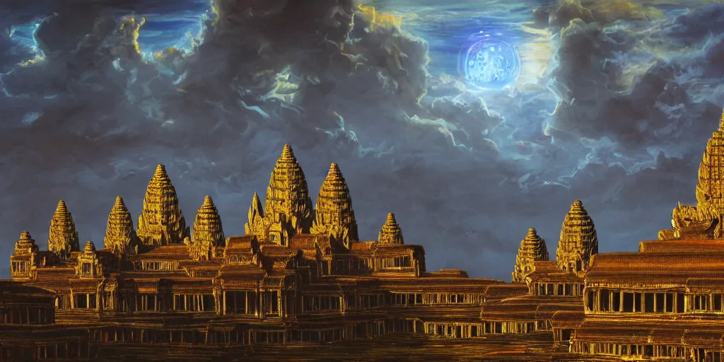 Image similar to fantasy oil painting, hybrid, mega structure city, angkor wat, kailasa temple, ellora, looming, small buildings, warm lighting, street view, silhouetted figure standing overlooking, space port city, epic, distant mountains, bright clouds, luminous sky, cinematic lighting, michael cheval, david palladini, artstation, oil painting, natural tpose