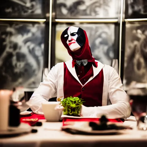 Image similar to joker eating at a fancy restaurant standing next to deadpool, 85mm f/1.4