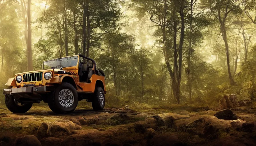 Prompt: Mahindra thar, in the forest, plants environment, wide angle, cinematic lighting, atmospheric, realistic, octane render, highly detailed, color graded, in the style of craig mullins