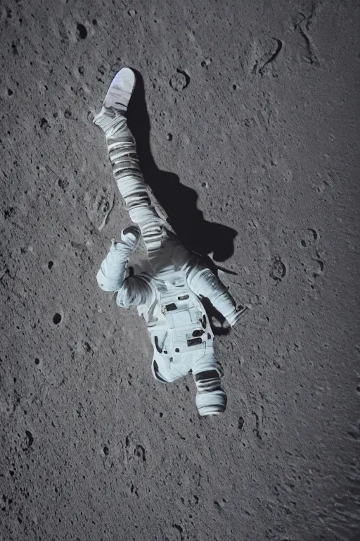 Prompt: afull body photography of an astronaut on the surface of the moon, bottom - view, focus on his foot, photography, photo - shot, shooting, cinematic lighting, 8 k