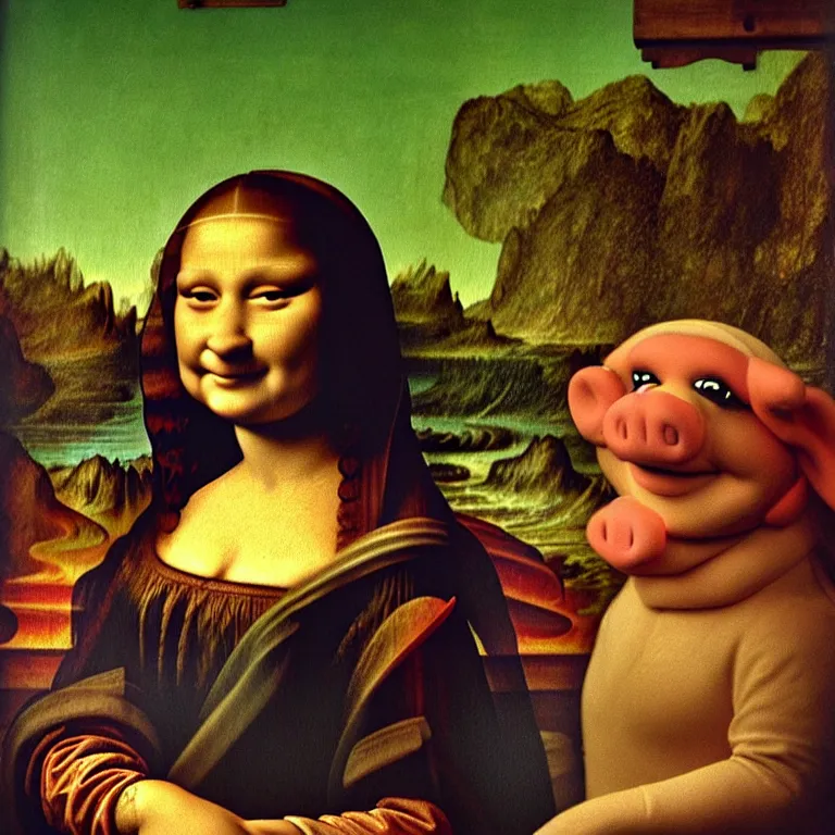 Image similar to Miss Piggy as the Mona Lisa painting by Leonardo da Vinci, medieval art, trending on artstation