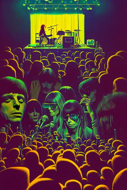 Prompt: the velvet underground and nico playing live on stage at a night club, beautiful stage decoration with flowers in the background, painting by simon stalenhag and wes anderson, very detailed and colorful and toned down and ornamental and moody and cool and relaxed and high on drugs, trending on artstation, behance contest winner