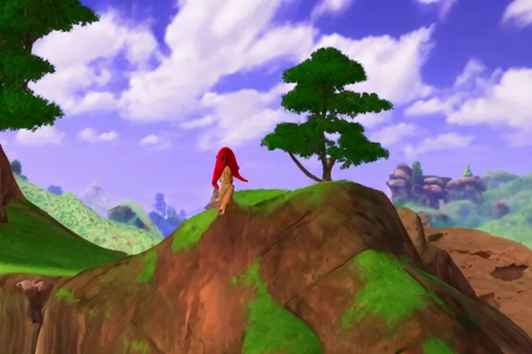 Prompt: A woman stands on a cliff and looks at the forest in the style of Ocarina of Time