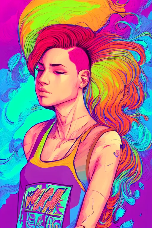 Image similar to a award winning half body portrait of a beautiful woman with stunning eyes in a printed croptop and cargo pants with rainbow colored ombre hairstyle head in motion and hair flying by josan gonzales, outrun, vaporware, shaded flat illustration, digital art, trending on artstation, highly detailed, fine detail, intricate