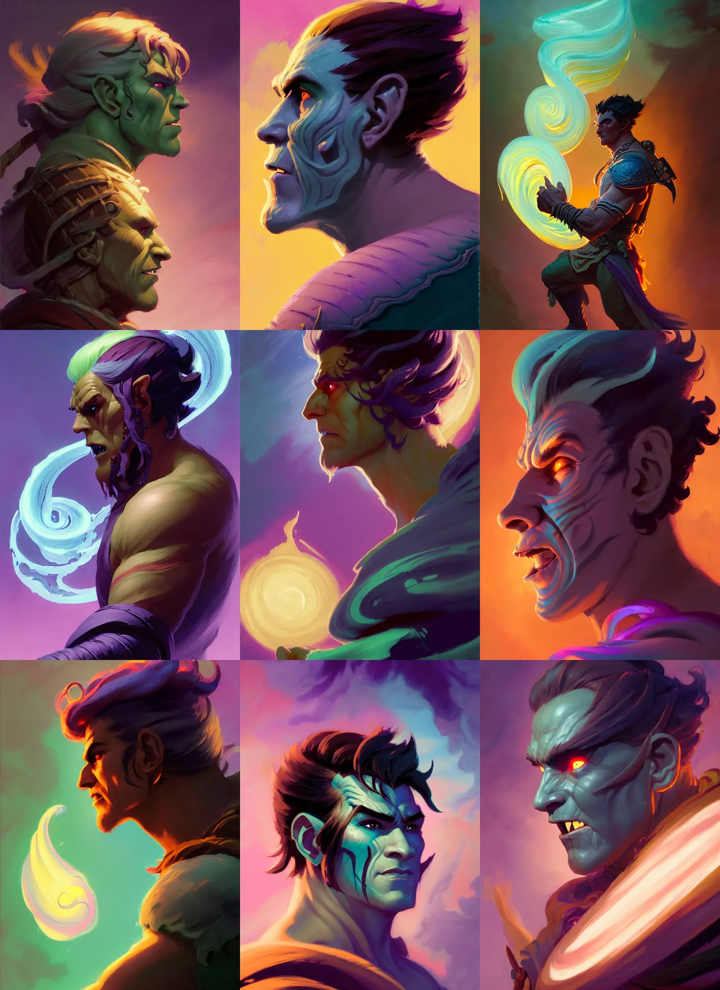 Prompt: side profile, male half - human half - orc rogue, gloomhaven, luminescent, colorful swirly magic ripples, pastel colors, by greg manchess, huang guangjian, gil elvgren, sachin teng, greg rutkowski, jesper ejsing, ilya kuvshinov