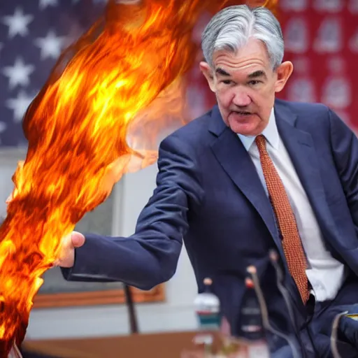 Image similar to photo of Jerome Powell using a flamethrower