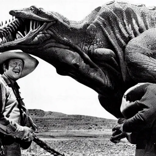 Prompt: john wayne lassoing a dinosaur, western film, directed by john huston, film still, iconic photograph, award - winning