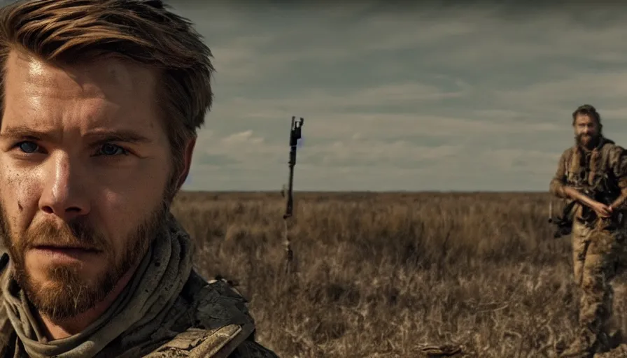 Image similar to lone survivor man holding walkie - talkie!! in post - apocalyptic nature landscape. movie screenshot. shallow depth of field, cinematic. cinematic composition