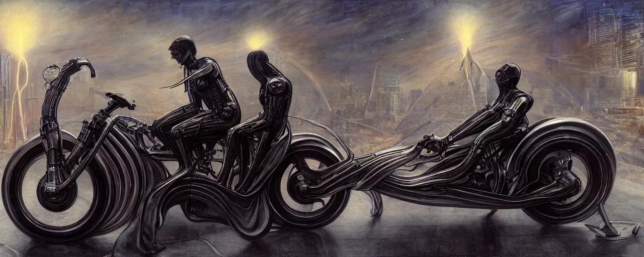 Image similar to nikola tesla riding a futuristic motorbike designed by h. r. giger, nikola is driving through a city with heavy traffic, rule of thirds, uhd 8 k, high detail, masterpiece, cinematic, bokeh, hyperdetailed, photorealistic, hyperrealism, intricate, by stanley artgerm lau, greg rutkowski, moebius