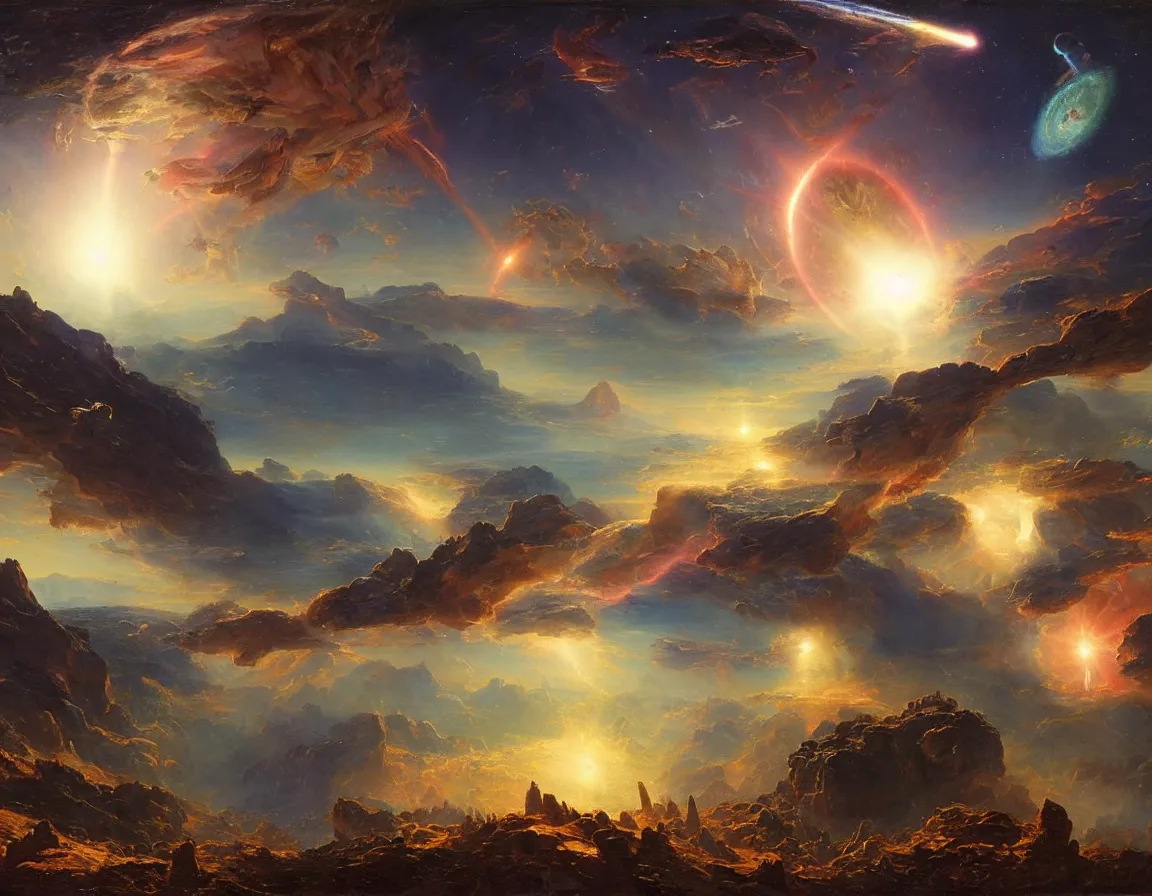 Prompt: epic galactic battle over an alien planet, concept art by albert biertadt, thomas cole, frederic edwin church, hudson river school, majestic, awe - inspiring, breathtaking