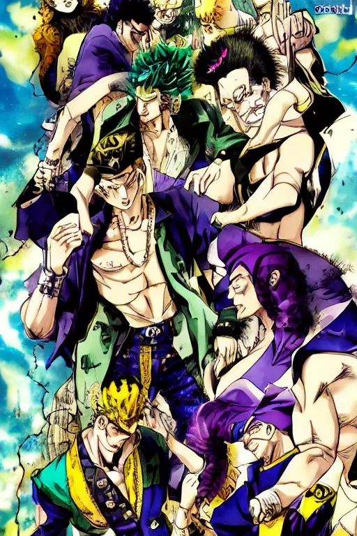 Image similar to jojo's bizarre adventure, jotaro kujo, manga cover, jojolion style, dio, art by keisuke itagaki, modern fashion outfit, tetsuo hara art, sun ken rock art style, boichi art, rohan kishibe, dynamic poses, manga issue