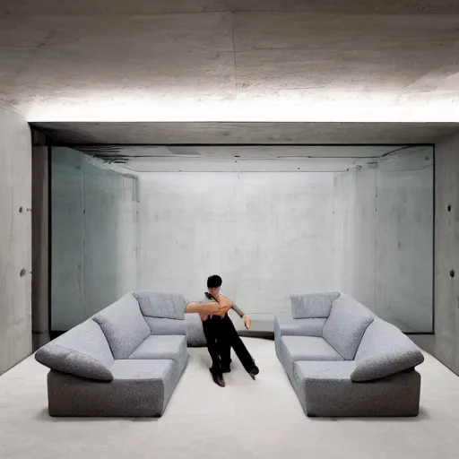 Prompt: a man taking a selfie in a large minimalistic concrete room with upholstered sofas and a rectangular water feature in the center, a tilt shift photo by leandro erlich, featured on cg society, kitsch movement, hall of mirrors, high dynamic range, studio portrait