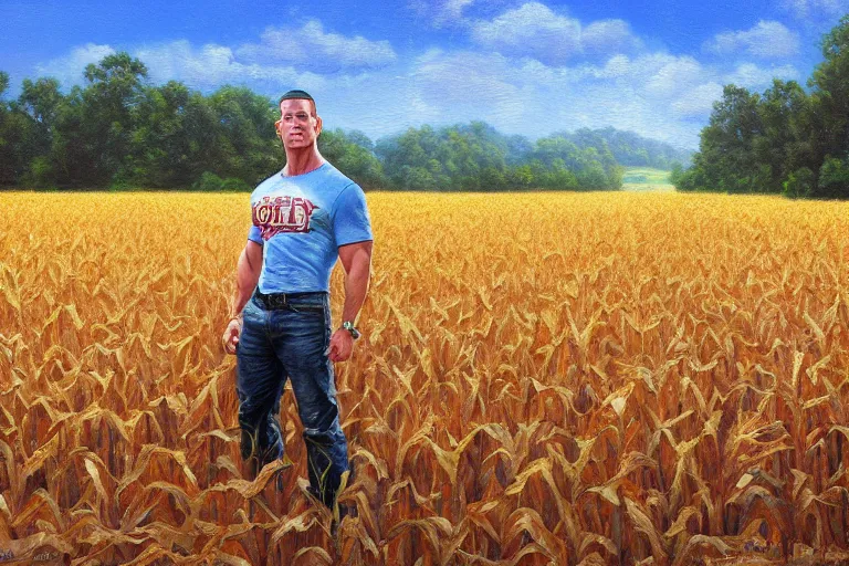 Image similar to john cena in a corn field, an oil painting by ross tran and thomas kincade