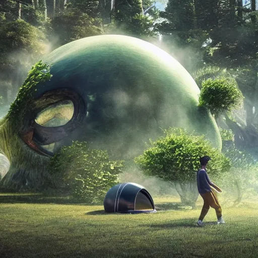 Prompt: a spherical shoe, beautiful wonderland, smoke - filled ， green hill, many interstellar plants, there is a camp next to it dinosaur and man dance together, futuristic concept design, airscape, high detail render by octane, unreal engine, 8 k, cinematic