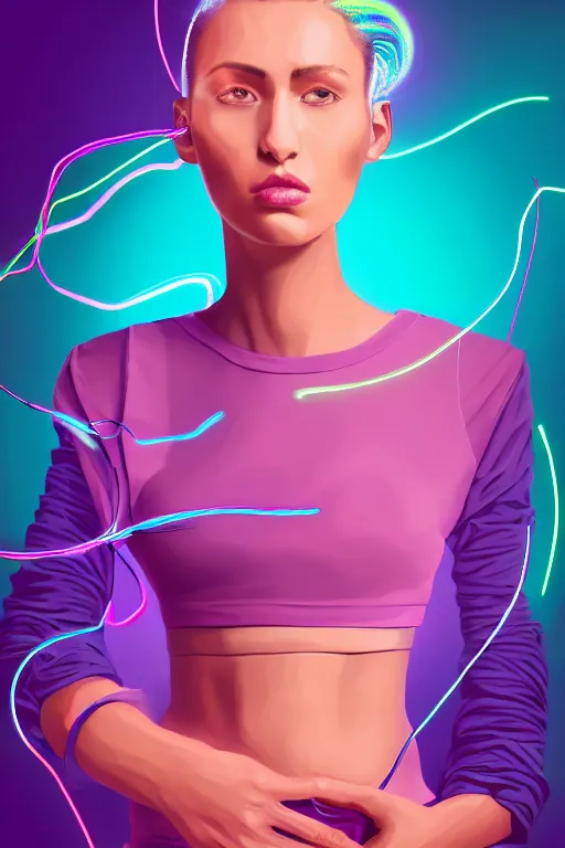 Image similar to a award winning half body portrait of a beautiful woman in a croptop and cargo pants with ombre purple pink teal hairstyle and hands in pockets by ari liloan, surrounded by whirling illuminated lines, outrun, vaporware, shaded flat illustration, digital art, trending on artstation, highly detailed, fine detail, intricate