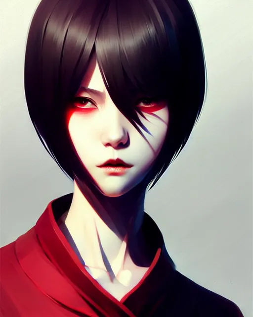 Image similar to sharp hq rendering, vampire, asian character portrait, beautiful concept art, appealing character, painterly, fanart, highly detailed in the style of wlop by ilya kuvshinov, wenjun lin, sakimichan, artgerm, angular asymmetrical design, chinese artist, eastern art style, nixeu
