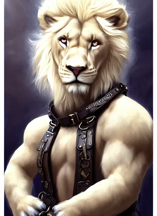 Image similar to aesthetic portrait commission of a of a male fully furry muscular anthro albino lion wearing attractive leather harness and shorts with a tail and a beautiful attractive hyperdetailed face r, safe for work (SFW). Character design by charlie bowater, ross tran, artgerm, detailed, inked, award winning film poster painting