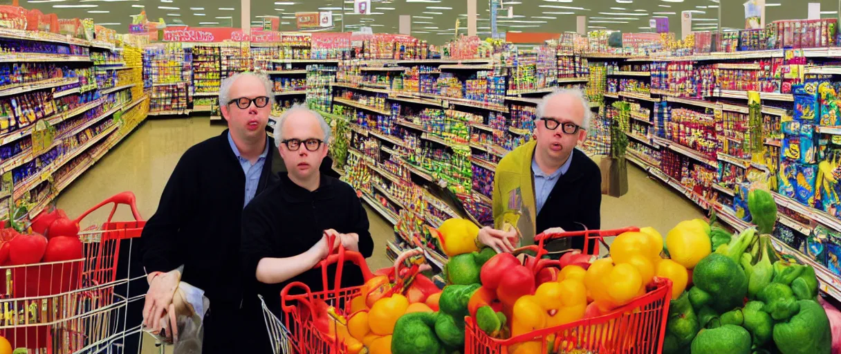 Prompt: award winning photo of a meeting of todd solondz and a friend at a supermarket, vivid colors, happy, symmetrical face, beautiful eyes, studio lighting, wide shot art by sally mann & arnold newman, francis bacon, ewa juszkiewicz, jenny saville, yayoi kusama, ai weiwei and gregory crewdson