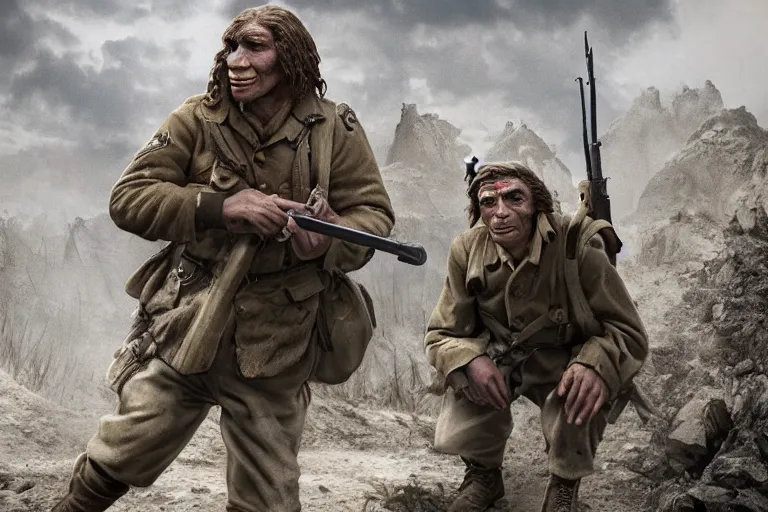 Prompt: a neanderthal as a us ww 2 soldier during the liberation of france, highly detailed, cinematic lighting, photorealistic