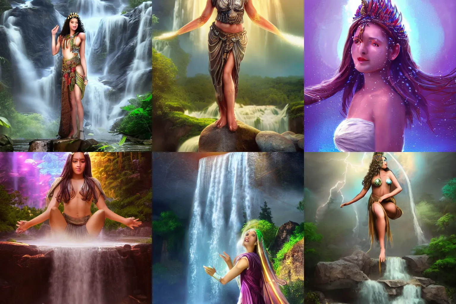 Prompt: a beautiful female goddess of the waterfalls character, character is in all its glory, character is in her natural relaxed pose, rim lights, particles and dust in the air, fancy clouds, highly detailed professional photo, dynamic lights, particles are flying, depth of field, trending on artstation, professional illustration, hyper realistic, vray caustics, super detailed, colorful accents, cinematic shot