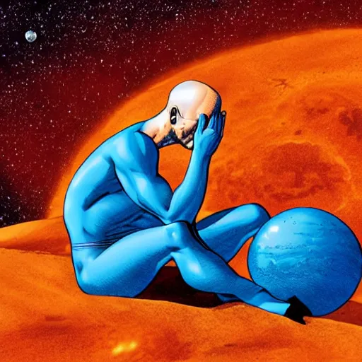 Prompt: dr. Manhattan sitting on Mars thinking, photorealistic