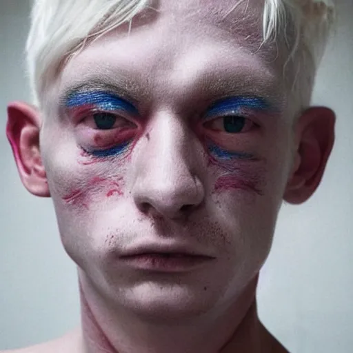 Image similar to color photo of a full platinum blond weirdo, shaved eyebrows, no eyebrow, pale skin, neurofibromatosis, realistic, high detail, high quality, trending on pinterest