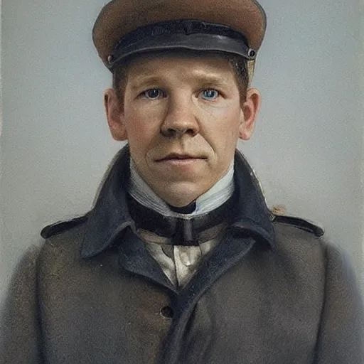 Prompt: thirty years old Lee Evans as a ((sad)) 19th century, eastern european postman (without bead and without mustache). detailed, soft focus, interesting lights, realistic, shadows, higher contrasts, afternoon lights, hyperdetailed, oil canvas, character concept art by Munkácsy Mihály, Hollósy Simon, Csók István, John Everett Millais, Henry Meynell Rheam, and da Vinci