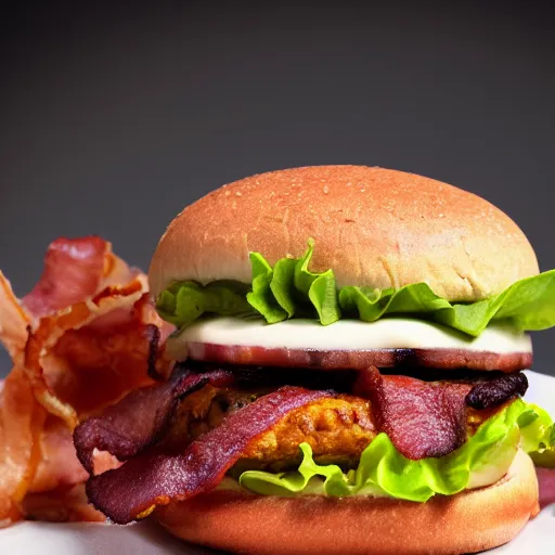 Prompt: a delicious hamburguer, food photography, award winning, lots of bacon, tasty