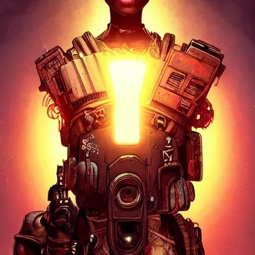 Prompt: a dark and ominous cyborg african child soldier with glowing eyes and tribal facial scarification, neon graffiti, Apex Legends character digital illustration portrait design, by android jones and greg rutkowski in a cyberpunk voodoo style, retrowave color scheme, detailed, cinematic lighting, wide angle action dynamic portrait