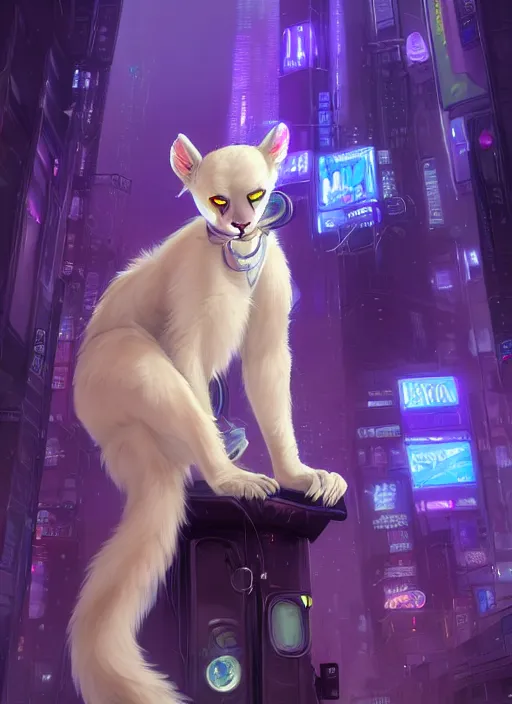 Image similar to award winning beautiful portrait commission of a male furry anthro albino mountain lion fursona with a tail and a cute beautiful attractive detailed furry face wearing stylish cyberpunk clothes in a cyberpunk city at night while it rains. Purple and Yellow. Character design by charlie bowater, ross tran, artgerm, and makoto shinkai, detailed, inked, western comic book art