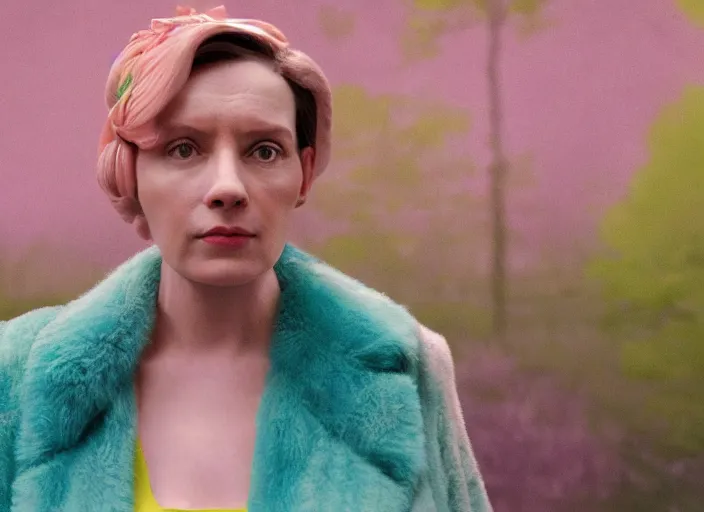 Image similar to cinematic mid shot of a high detail, refined woman's face looking off camera. fine facial features. she stands in an empty, pastel colourful 3 d, forrest scene, by jeffrey smart and gregory crewdson and edward hopper, inspired by the grand budapest hotel