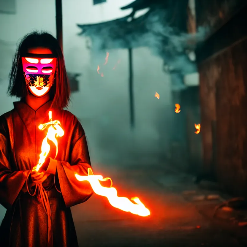 Prompt: a photo close up cyberpunk woman, wearing japanese mask, fire dance in cyberpunk dirty alley, smoke mist rain, cyberpunk gunma prefecture, midnight, photorealistic, cinematic color, studio lighting, highly detailed, bokeh, style by tomino - sama