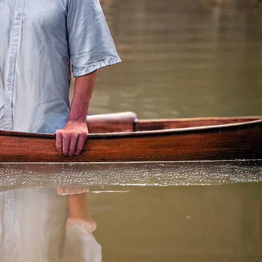 Image similar to realistic photo of a man standing in a small boat on endless broken mirrors