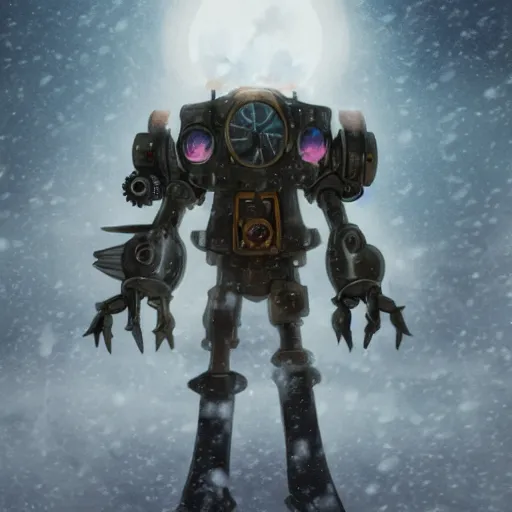 Prompt: a steampunk mech walking through a blizzard in a snowy waste land, studio ghibli, anime, extremely detailed, foggy, moonlight,