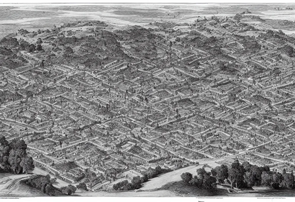 Image similar to A forested hill surrounded by a city, isometric view, engraving, black and white