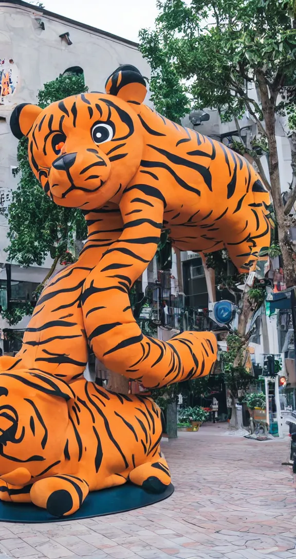 Image similar to a kiddie ride that looks like a tiger on the sidewalk