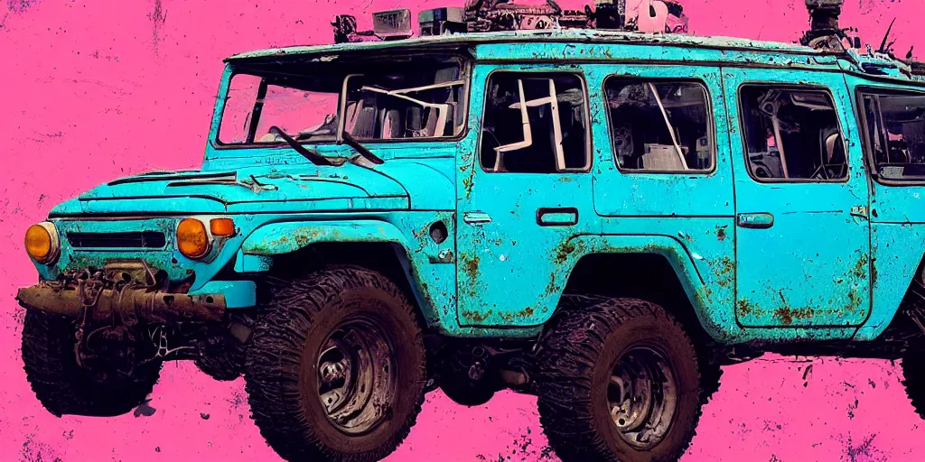 Image similar to digital illustration of a futuristic faded cyan mad max's fj 4 0 decrepit!!!! pursuit special, rusty!!! cyberpunk nissan fj cruiser heavily modded 1 9 9 0 s, the last v 8 interceptor by makoto shinkai, ilya kuvshinov, lois van baarle, rossdraws, basquiat