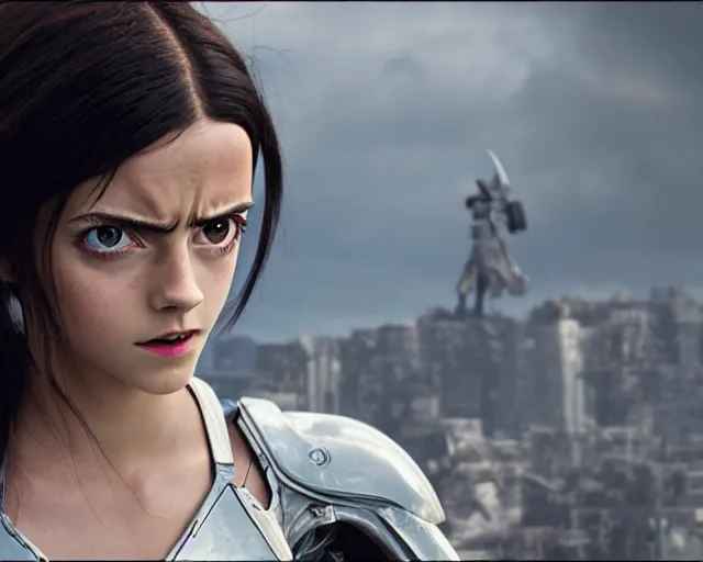 Prompt: a film still from battle angel alita played by actress emma watson, futuristic, cinematic lighting, photorealistic, lifelike, highly detailed, photorealistic, high resolution