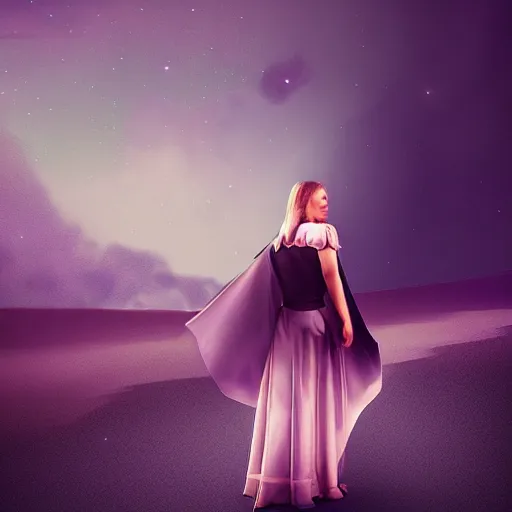 Prompt: woman wearing a cape made of the night sky, full body, elegent, portrait, octane render, radiant lighting, digital painting