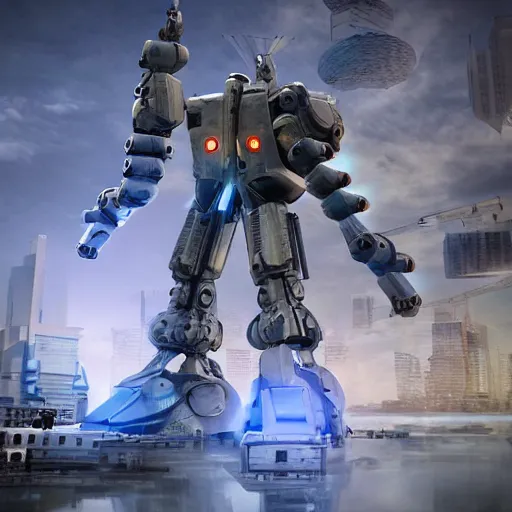 Image similar to six meter tall mech firing at tanks, futuristic city, mechanized art concept, 3 d render, marble statue