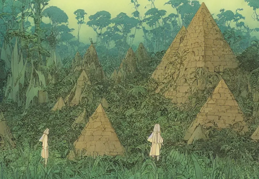 Prompt: a movie still from a studio ghibli film showing several large white pyramids in a swampy jungle. by studio ghibli, rebecca guay, michael kaluta, charles vess
