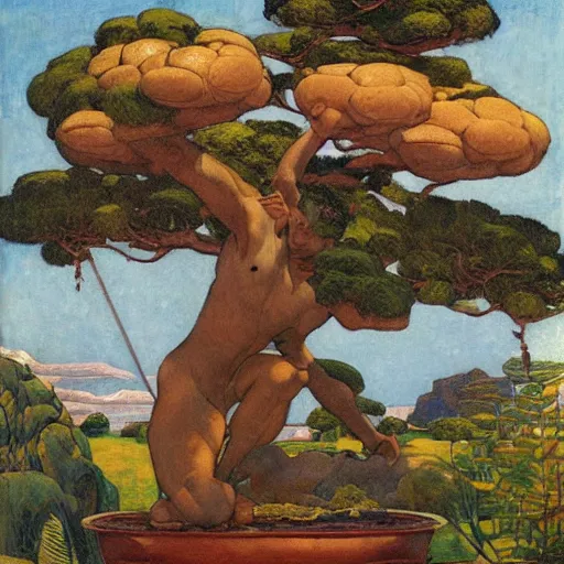 Image similar to Muscular African gardener cutting bonsai trees, grey Hair, idyllic Garden, by Annie Swynnerton and Nicholas Roerich and jean delville, glowing paper lanterns, strong dramatic cinematic lighting , ornate tiled architecture, lost civilizations, smooth, sharp focus, extremely detailed