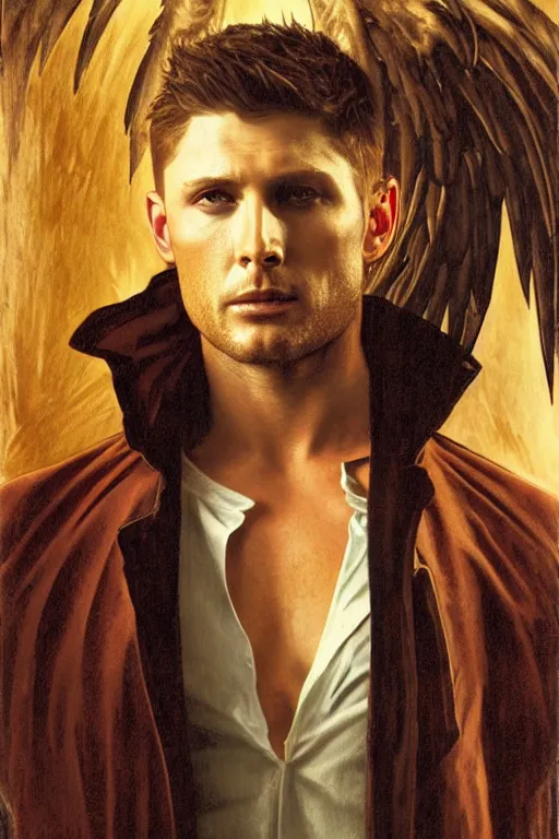 Prompt: a detailed matte portrait of an jensen ackles dressed as the vampire angel from buffy the vampire slayer, masterpiece, 8 k, art by alphonse mucha and greg rutkowski