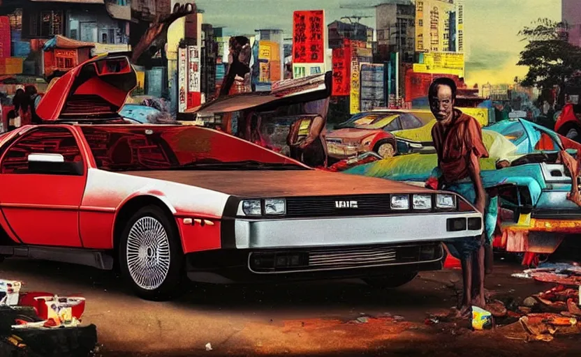 Image similar to a red delorean in ajegunle slum of lagos - nigeria, painting by hsiao - ron cheng & salvador dali, magazine collage & ukiyo - e style, masterpiece.