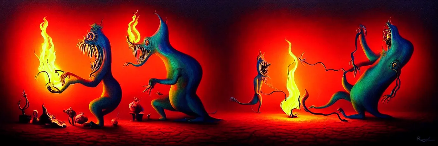 Image similar to whimsical creature freaks from the depths of the collective unconsciouis, dramatic lighting from fire glow, surreal darkly colorful painting by ronny khalil