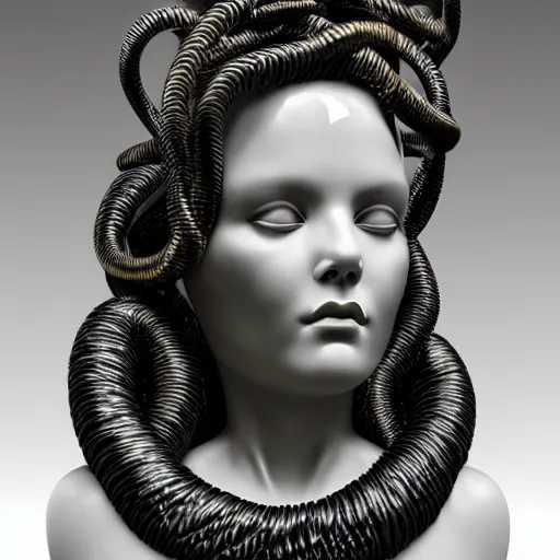 Image similar to smooth white marble statue face of gorgeous medusa gorgo, black onyx details, black and gold wires, hyper realistic render, super detailed, photo quality, octane render, corona render