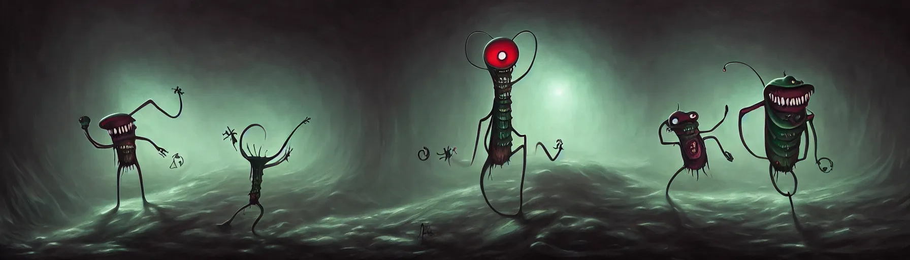 Prompt: goofy whimsical demon plankton from the depths of the collective unconscious, dramatic lighting, detailed and atmospheric surreal darkly painting by ronny khalil